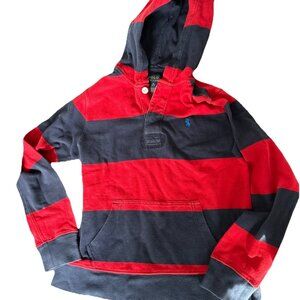 Polo Ralph Lauren Rugby Hoodie Kids Medium Red Navy Striped Sweatshirt Preppy